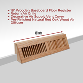 18" Wooden Baseboard Floor Register | Return Air Grille | Decorative Air Supply Vent Cover | Pre-Finished Natural Red Oak Wood Air Diffuser
